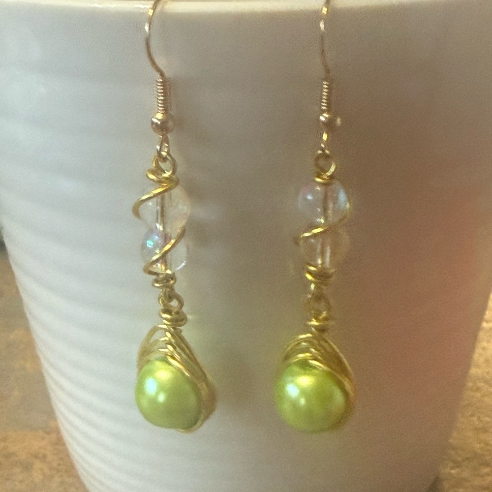 New & Handmade Gold and Green Dangle Earrings